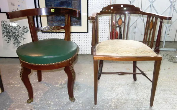 An Edwardian mahogany and boxwood fan marquetry tub chair and a Directoire style chair, (2).   B7