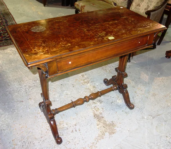 A Victorian walnut and inlaid single drawer side table, 107cm wide.   H3