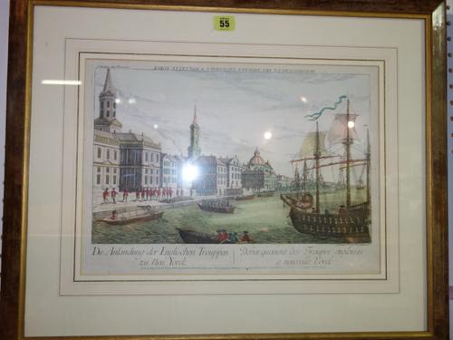 After Francois Haberman, Die Anlandung der Englischen Trouppen ze Neu Yorck, c.1785, engraving with hand colouring, 29cm x 40cm.   I1
