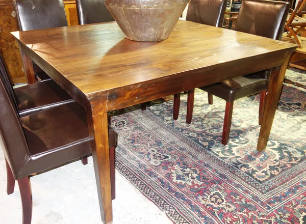 A 20th century hardwood square dining table, 139cm wide x 79cm high.  I5