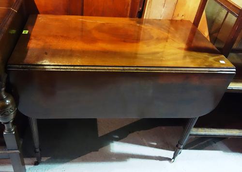 A 19th century mahogany Pembroke table, with reeded supports, together with a mid-18th century demi-lune table, the base (a.f).  H8