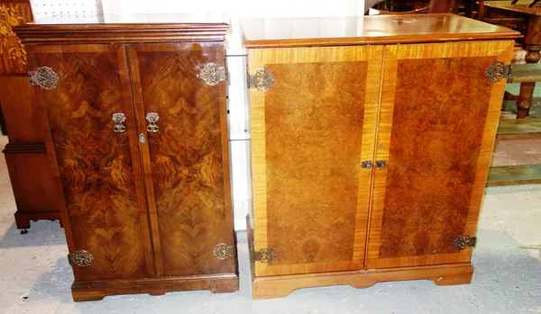 A 20th century walnut two door side cabinet, 75cm wide and a mahogany and walnut T.V cabinet, (2).  H6