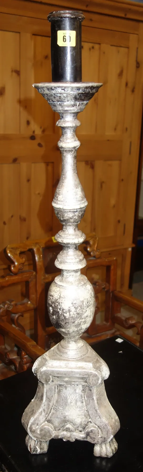 A 17th century style silvered wooden altar stick.   C10