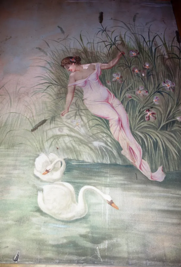 A 20th century large framed canvas picture, depicting a lady in reeds with swans, 128cm wide x 169cm high.  A9