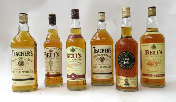 Twelve bottles of whisky, comprising; three Teachers, four Bells,  Long John,  J & B,  Famous Grouse,  Spayside twelve year old single malt,  Chivas R