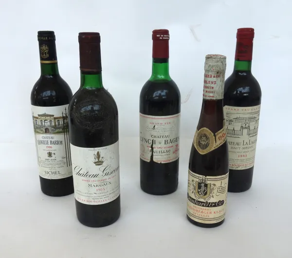 Eight bottles of wine, comprising; a 1979 Chateau Lynch Bages Pauillac,a 1986 Chateau Vin de Leoville, a 1975 Chateau Giscours Margaux, a 1983 Chateau