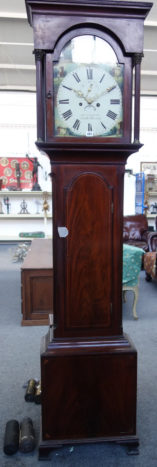 A mahogany, chequer strung and boxwood outlined longcase clock by Moncrieff, South Shields, mid 19th century, the hood with a moulded pediment, above