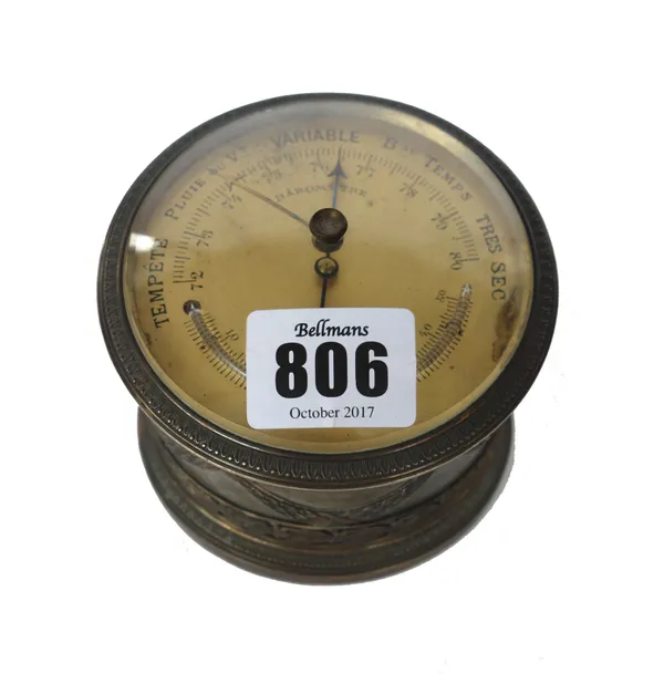 A French table barometer, early 20th century, silver plated and of circular form, the brass plate with applied thermometer, stamped 'Bointaburet Paris