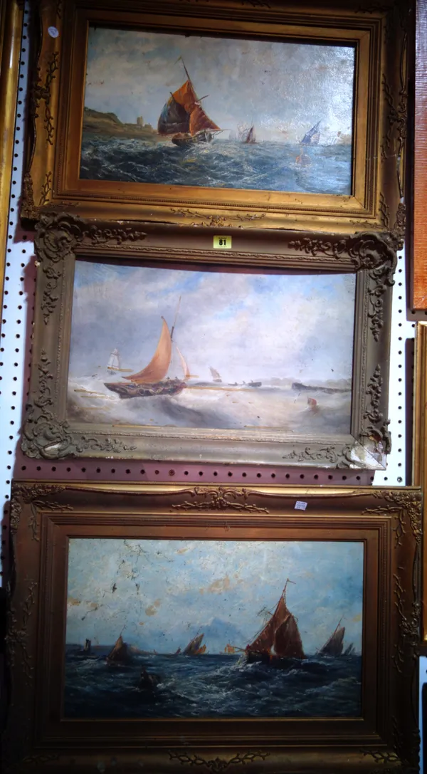 English School (19th century), Vessels off the coast, oil on board, 30cm x 49cm.; together with a further similar pair.(3)   H1