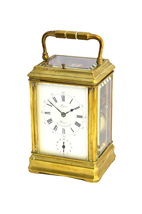 A French brass cased, repeating carriage clock, late 19th century, with visible platform escapement, push repeat over a white enamel dial, detailed 'L