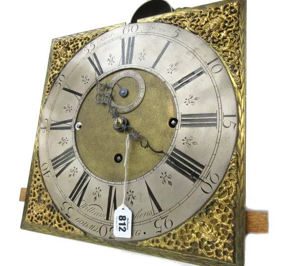 A George III longcase clock dial and musical movement, the twelve inch brass dial detailed 'William Stephens Godalming', with subsidiary seconds dial