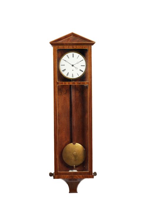 A mahogany and satinwood strung wall regulator, 20th century, with architectural pediment and glazed rectangular case, enclosing a six inch white enam