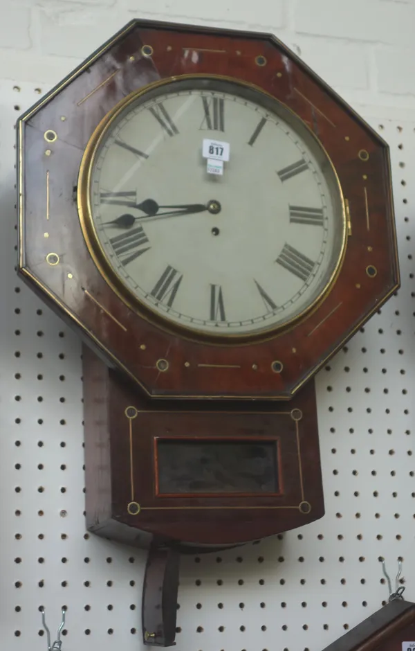 A mahogany and brass inlaid drop dial wall clock, of octagonal form, 19th century, with 11.5 inch painted tin dial, glazed pendulum aperture and a sin