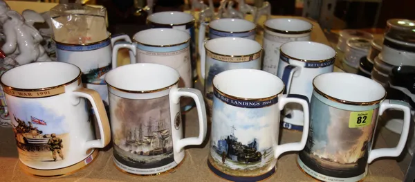 A group of eleven Royal Doulton military commemorative tankards: The Gulf War, The Falklands War, The VE Day Tankard, The D-Day Landings, The Dambuste