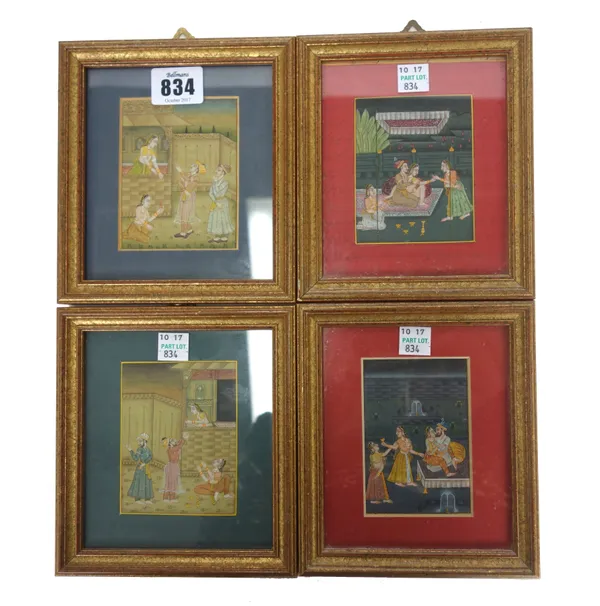 A set of four 19th century Indian gouaches, each depicting courting couples in an interior, framed and glazed, 9cm x 6.5cm, (4).