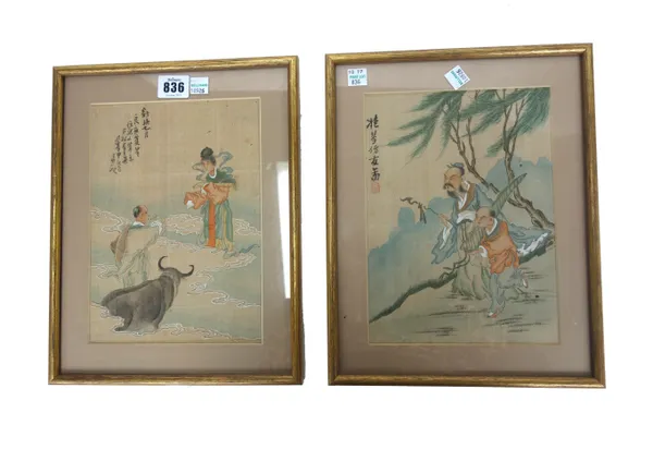 A set of four early 19th century Chinese paintings on silk, each depicting characters within a rural environment, signed, framed and glazed, 23cm x 17