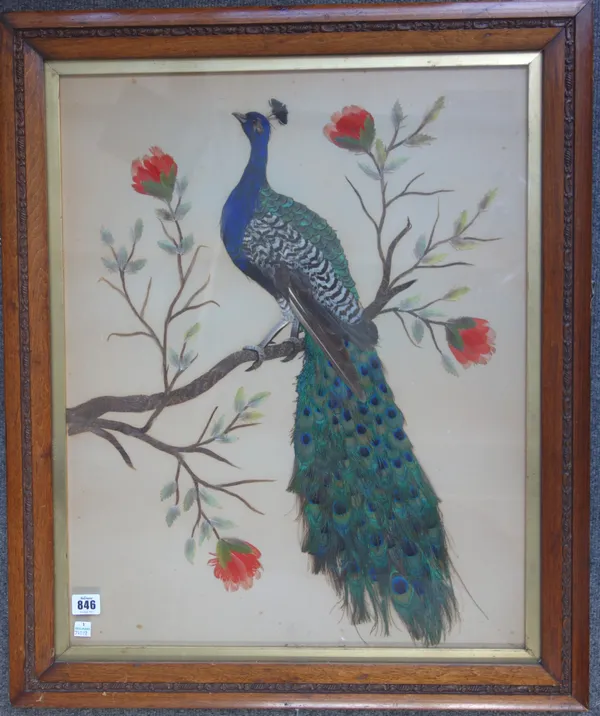 A pair of Victorian feather pictures, depicting a peacock and peahen, each atop a flowering branch, framed and glazed, 61cm x 49cm, (2).