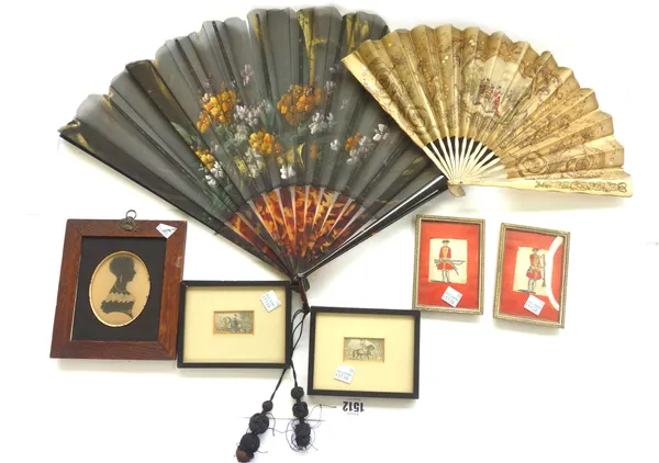 Four small lithographic prints depicting soldiers, 12cm x 9cm, a Victorian silhouette picture, a tortoiseshell and painted lace fan, and one further c