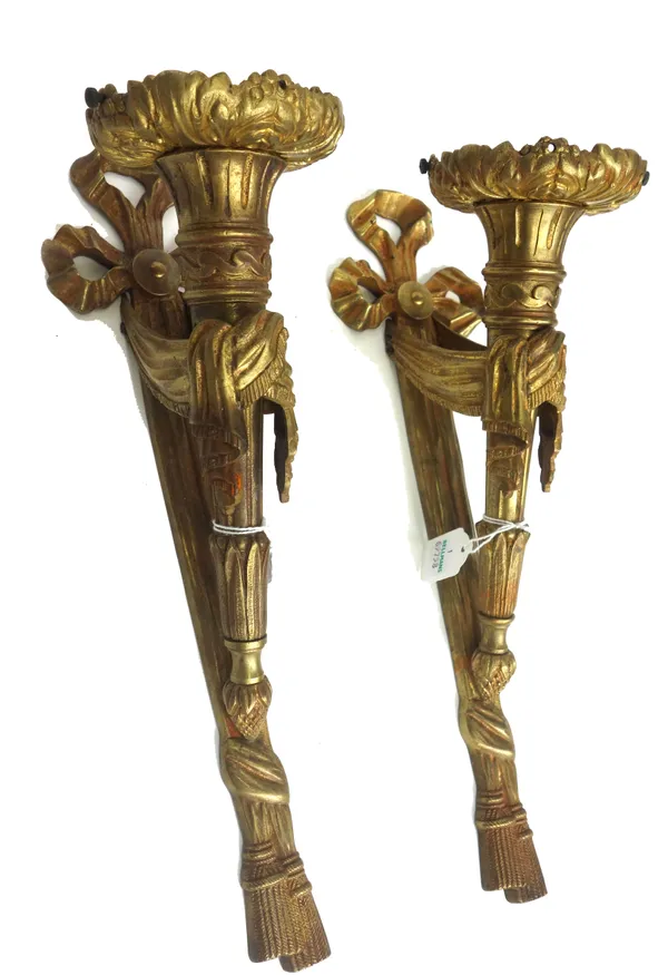 A pair of gilt bronze wall appliques, early 20th century, of fluted torchere form, with ribbon tied backplates, 36cm high, and a pair of 20th century