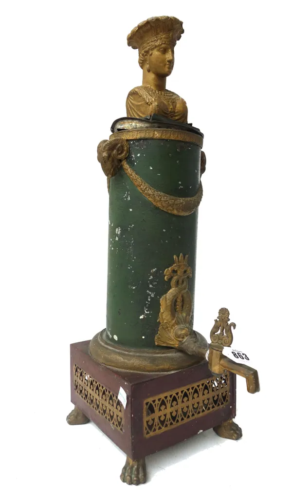 A polychrome and gilt painted lead and tole peinte samovar, circa 1820, with figural cover over a circular body, mythological dolphin tap mount, on a