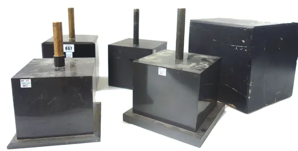 A polished black marble stand/plinth of chamfered square form, 15.3cm x 15.3cm, and four other hardstone or ebonised wooden plinths, the largest 23cm