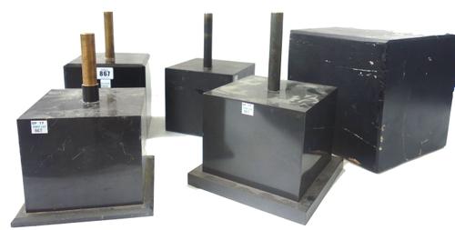 A polished black marble stand/plinth of chamfered square form, 15.3cm x 15.3cm, and four other hardstone or ebonised wooden plinths, the largest 23cm