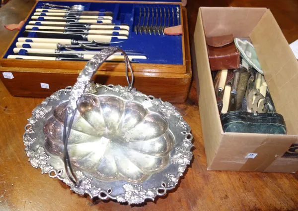 Plated wares, comprising; an oak cased canteen, loose flatware and a silver plated basket, (qty). S4T