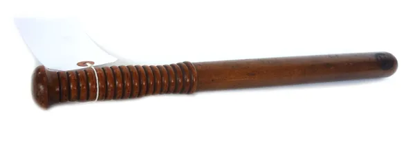 An oak 'Bank of England' truncheon, late 19th century, with ribbed handle, stamped to one end, 48cm long.