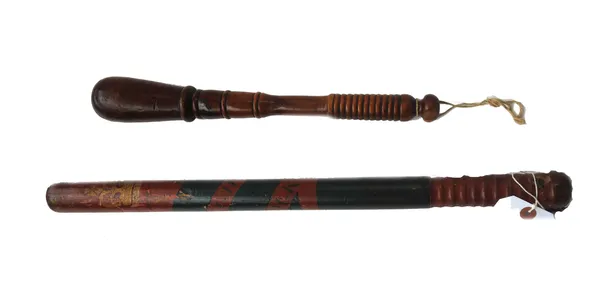 A George III polychrome painted policeman's wooden truncheon, detailed 'Hadleigh, Suffolk', 56.5cm long, an oak and yew wood cosh/truncheon, possibly