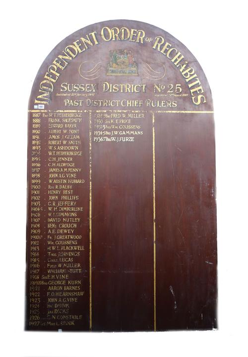 'Independant Order of Rechabites', 'Sussex District No 25', 'Past District Chief Rulers 1887-1937', a polychrome painted and gilt lettered commemorati