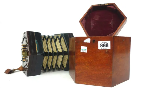 A Lachenal & Co twenty four key rosewood concertina, late 19th century, with six fold leather bellows, paper label and a mahogany case (a.f).