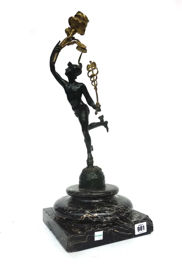 A gilt and patinated bronze model of Hermes, late 19th century, modelled atop a stepped and polished marble base, unsigned, 51.5cm high.