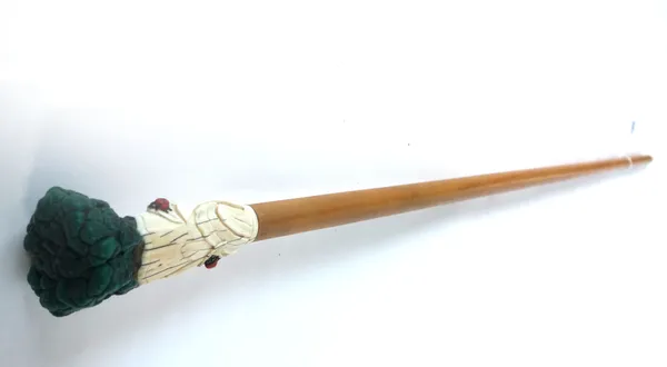 A carved ivory and malachite mounted walking stick handle, late 19th century, foliate carved with colourful ladybirds, on a later hardwood cane, 91cm