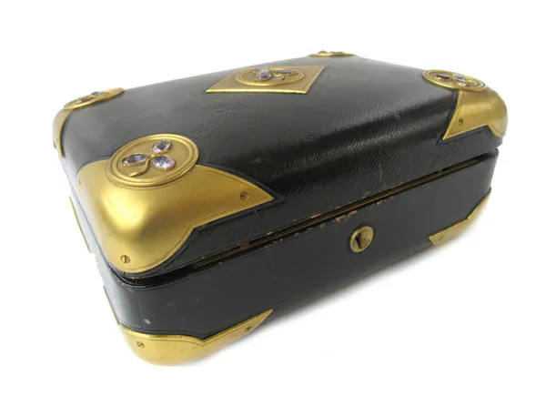 An Austrian leather and brass bound jewellery box, late 19th century, with foliate hardstone inlay, engraved 'A. Klein in Wien' to the brass lock, 30c