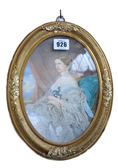 Alexandre Fiocchi (French, 1803-1896), a portrait of a lady facing right, in a white satin dress with rose decolletage and a pearl bracelet, and a por