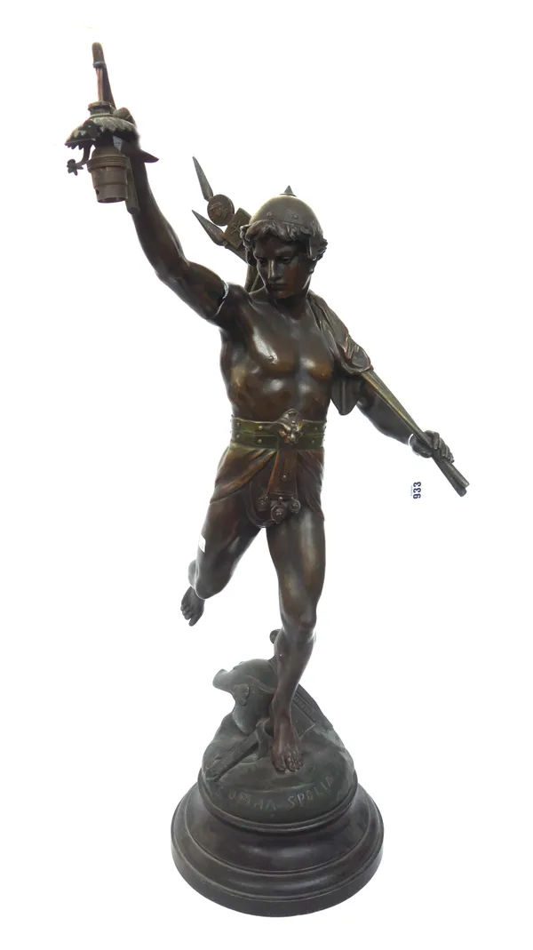 After Emile Picault, a French patinated spelter figural table lamp, titled 'Opima Spolia', on a turned circular plinth (a.f), 90cm high.