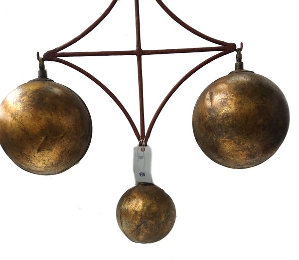 A wrought iron and gilt metal 'Pawn Broker' shop advertising sign, 20th century, polychrome painted and hung with three gilt metal spheres, 100cm high