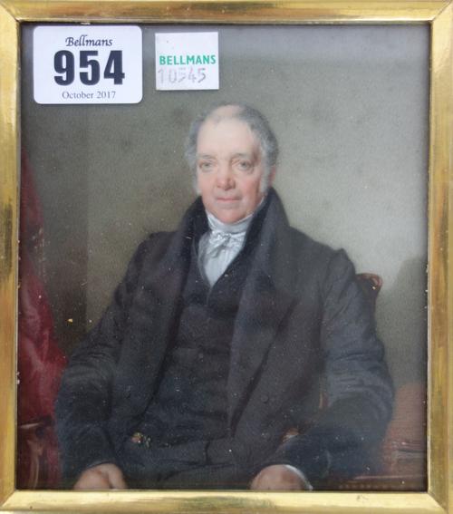 A mid-19th century English School portrait miniature on ivory of James Bonnell of Carlisle , husband to Esther Lowry of Crosby , in a velvet lined lea