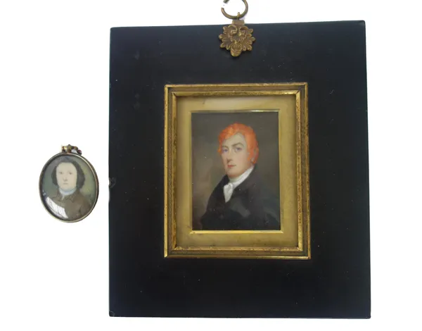 'AL', a late 18th century English portrait miniature on ivory of a gentleman, in brown coat , entwined cypher signature, the image 4cm high, in a gilt
