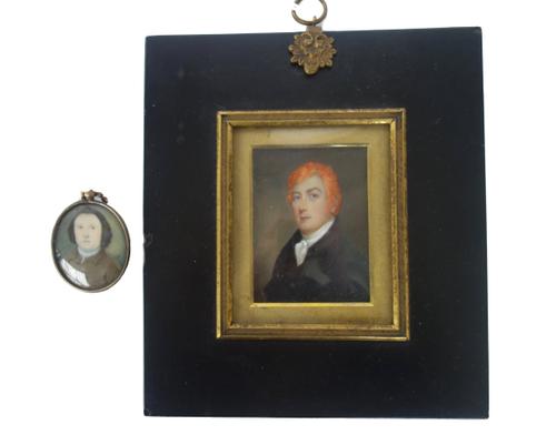 'AL', a late 18th century English portrait miniature on ivory of a gentleman, in brown coat , entwined cypher signature, the image 4cm high, in a gilt