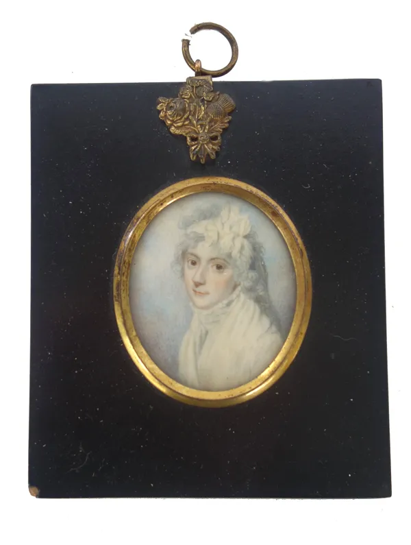 M C Fawkes, after Engleheart, a portrait miniature on ivory of Frances Elizabeth Hawksworth (1773 - ), with white hairbow and dress, the image 6cm hig