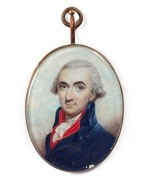 A late 18th century English School portrait miniature on ivory of a gentleman, wearing a blue coat with red lapel facings and frilly white stock, the