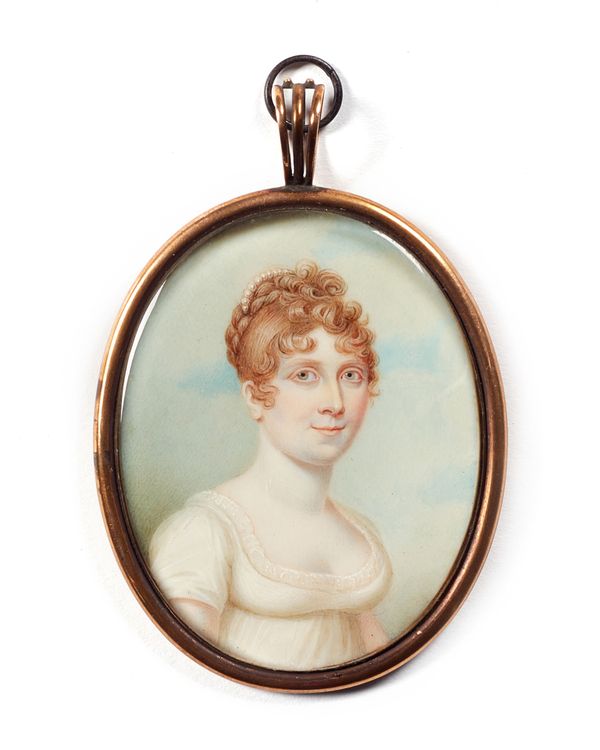 Early 19th century British School, in the manner of Sampson Towgood Roche, a portrait miniature on ivory of a young woman, hair in  ringlets, white dr