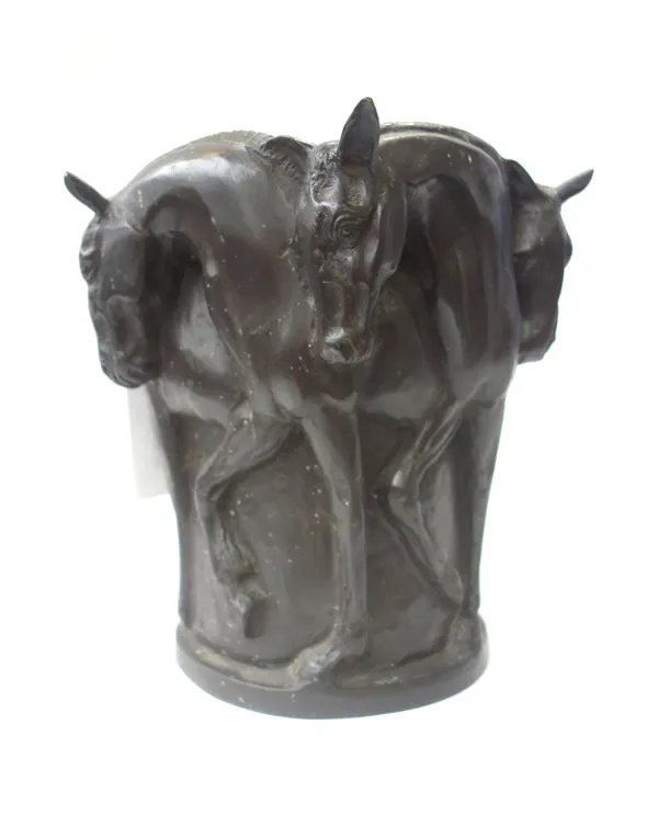 A modern patinated bronze vase of hexagonal tapering form, relief cast with five stylised horses, unsigned, 25cm high.