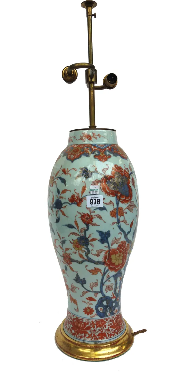 A Chinese export Imari vase, late 18th century, converted to a table lamp, Imari decorated against a baluster ground vase (a.f.)  43cm high.