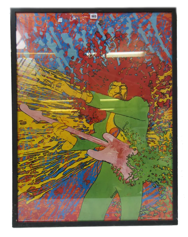 Jimi Hendrix 'Explosion', a re-print by by Martin Sharp, framed and glazed, 96cm x 69cm, and three further film posters; 'Time Gentleman Please', 'Man