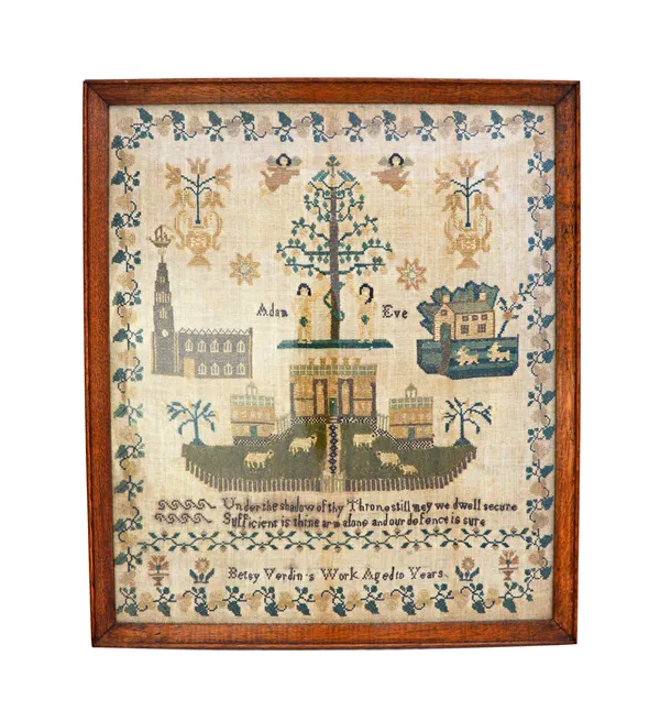 A Victorian needlework sampler, by Betsy Verdin, early 19th century, decorated with Adam and Eve flanking The Tree of Life, surrounded by churches and