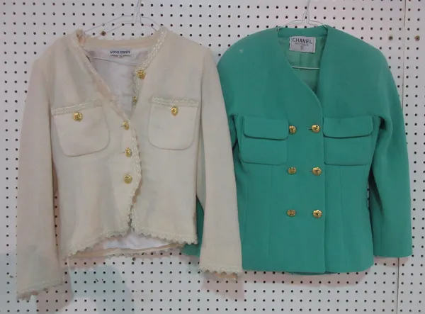 Designer Clothing, comprising; A Chanel Boutique two piece lady's skirt and jacket suit, in mint green with gold coloured buttons (approx size UK 8) a