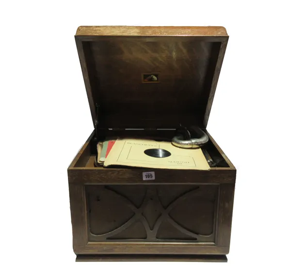 A 20th century cased H.M.V gramophone, with a quantity of records.    S8M
