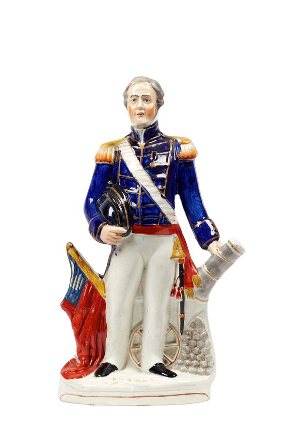 A Staffordshire portrait figure of 'Dundas', late 19th century, polychrome painted with flag and cannon atop a titled base, 38cm high.  Illustrated